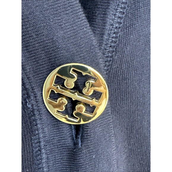 Tory Burch Size M 100% Cotton Navy Blue V-Neck Cardigan Large Gold Logo Buttons - Picture 6 of 9